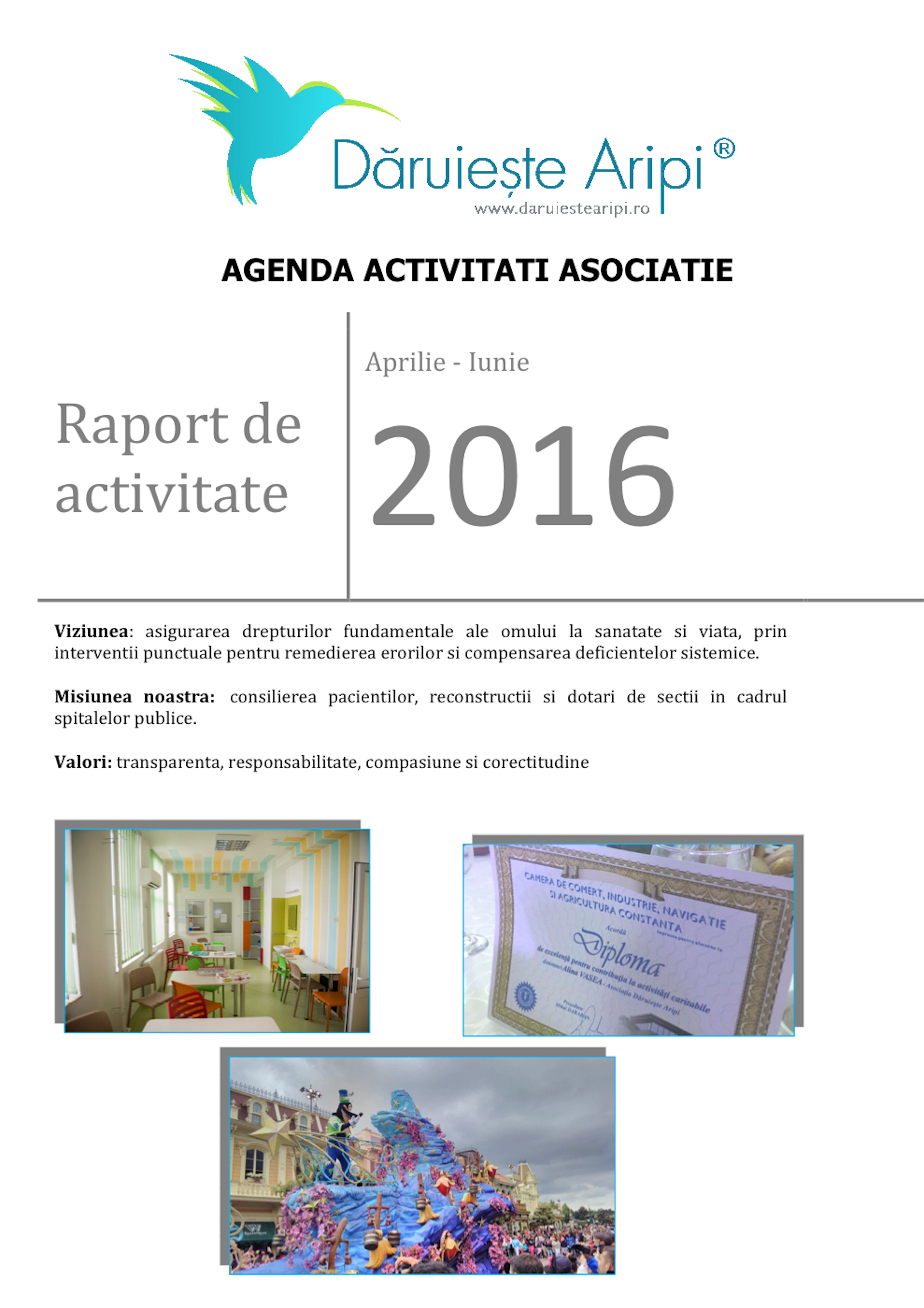 Prima pagină a raportului de activitate Iunie 2016 al Asociației Dăruiește Aripi