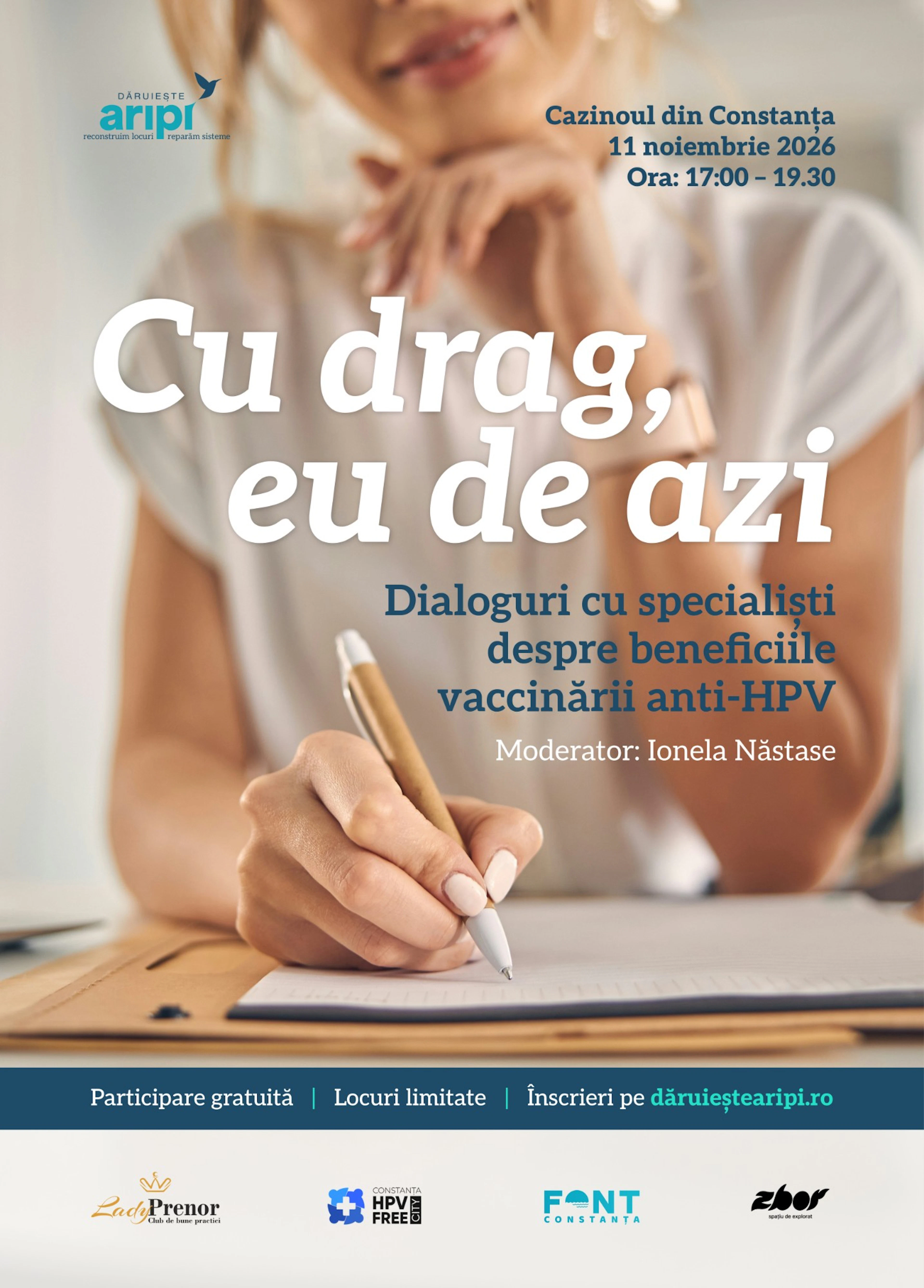 Afișul evenimentului „Cu drag, eu de azi”: dialoguri cu specialiști despre beneficiile vaccinării anti-HPV, Cazinoul din Constanța, 11 noiembrie 2026, ora 17:00–19:30. Participare gratuită, locuri limitate.