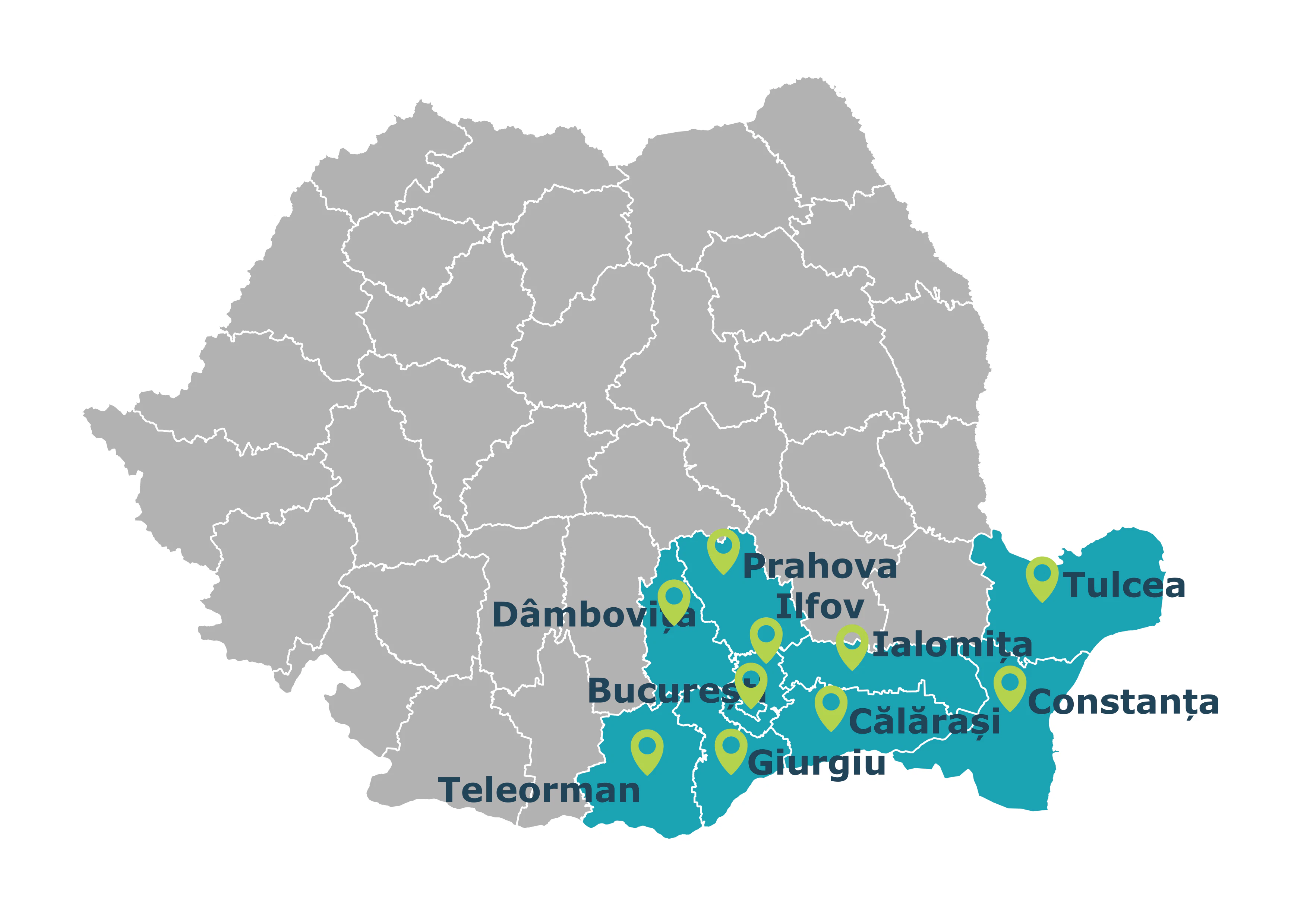 Harta județelor acoperite de programul de îngrijire la domiciliu: București, Ilfov, Prahova, Dâmbovița, Ialomița, Călărași, Giurgiu, Teleorman, Constanța și Tulcea