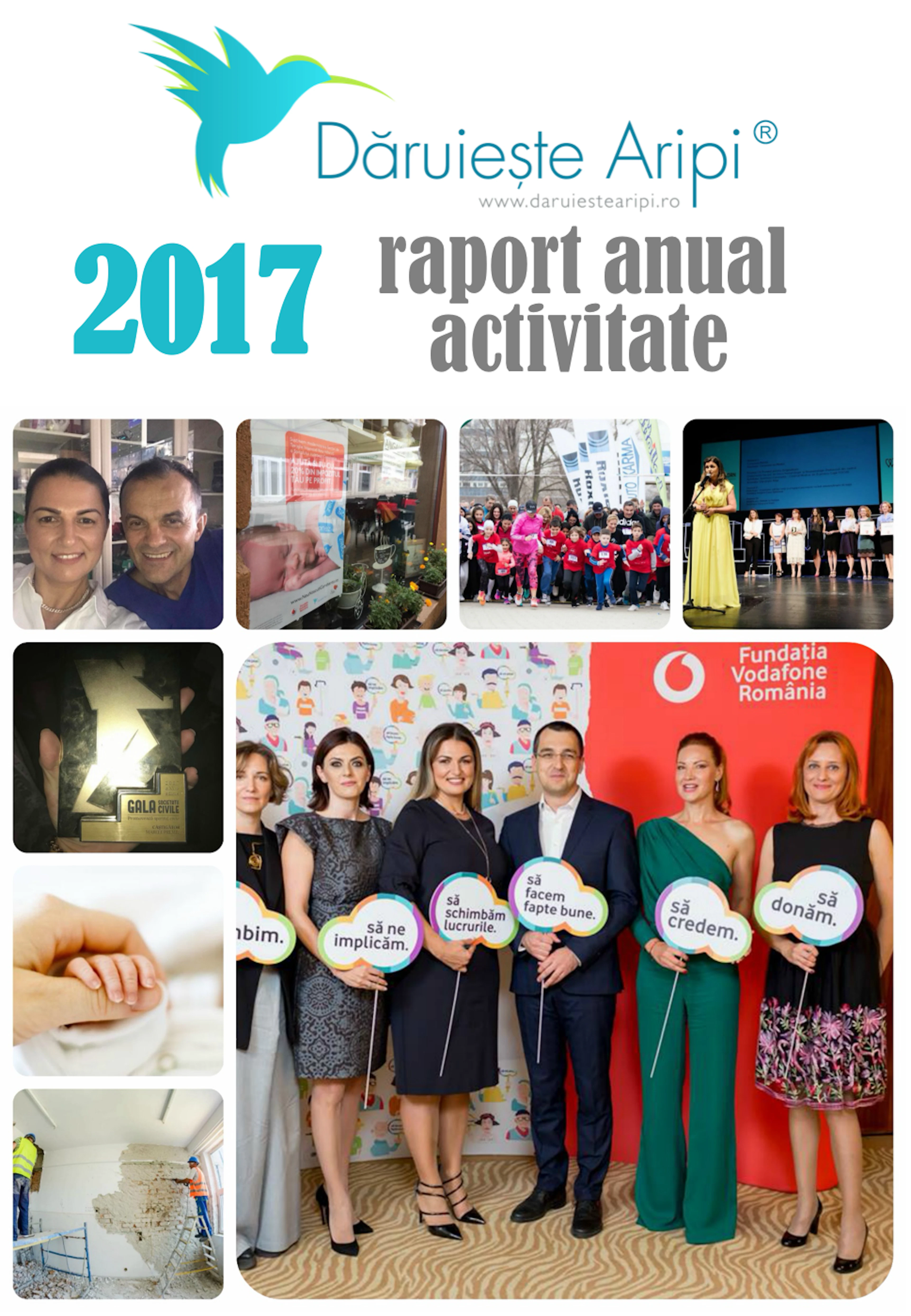Coperta Raportului anual 2017 al Asociației Dăruiește Aripi: un colaj de fotografii de la evenimentele anului