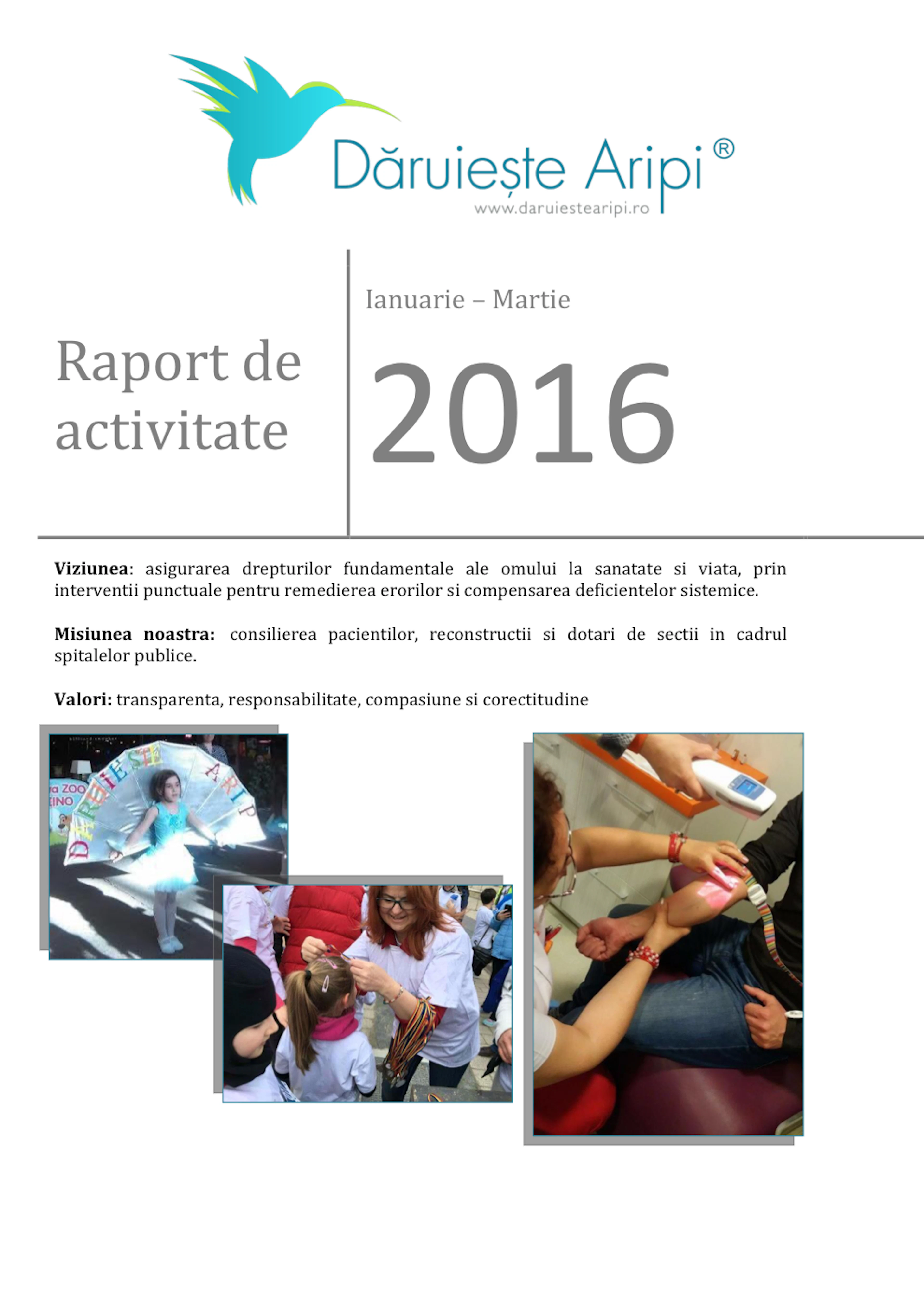 Prima pagină a raportului de activitate Martie 2016 al Asociației Dăruiește Aripi
