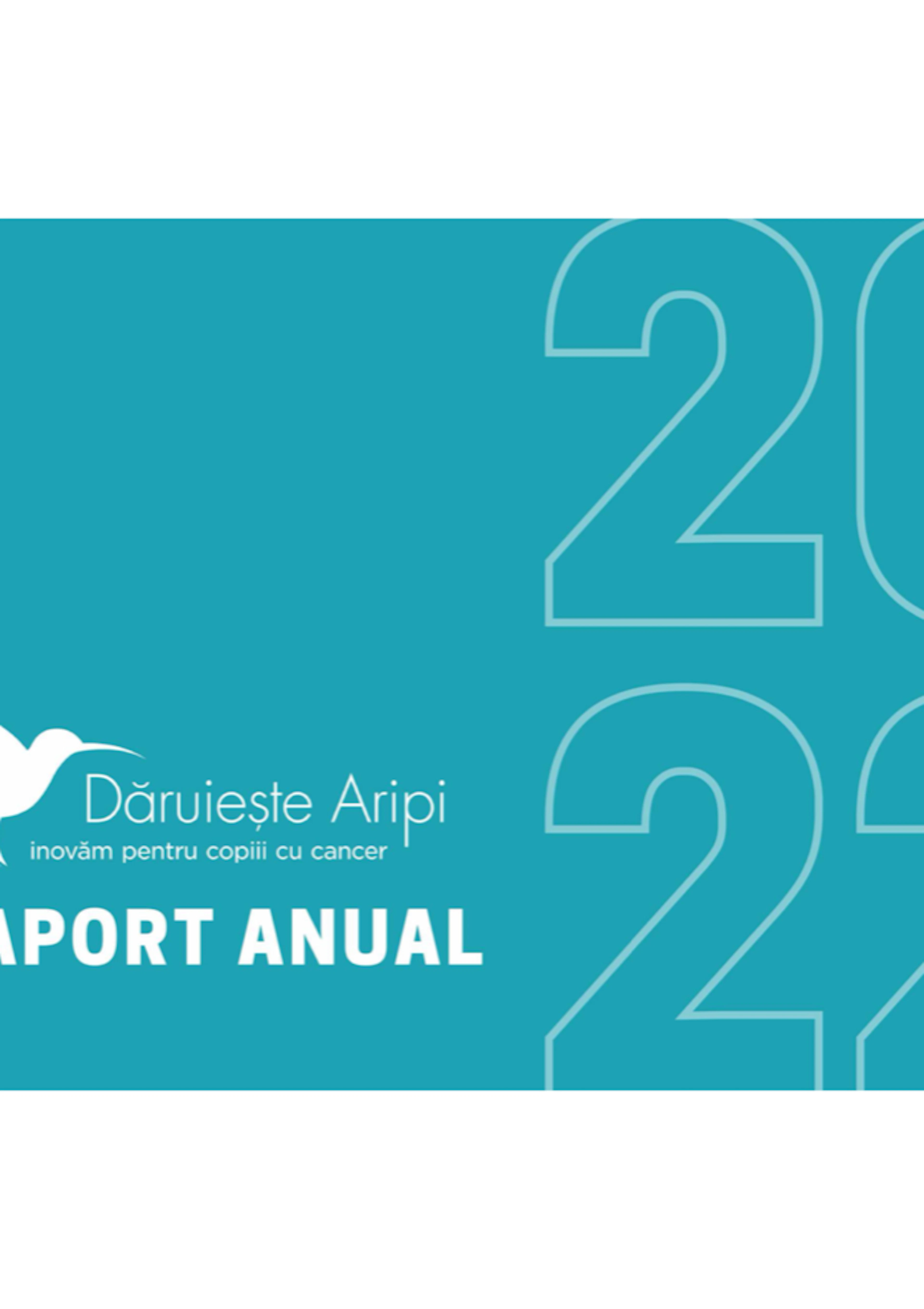 Coperta Raportului anual 2022 al Asociației Dăruiește Aripi: titlul pe fond turcoaz