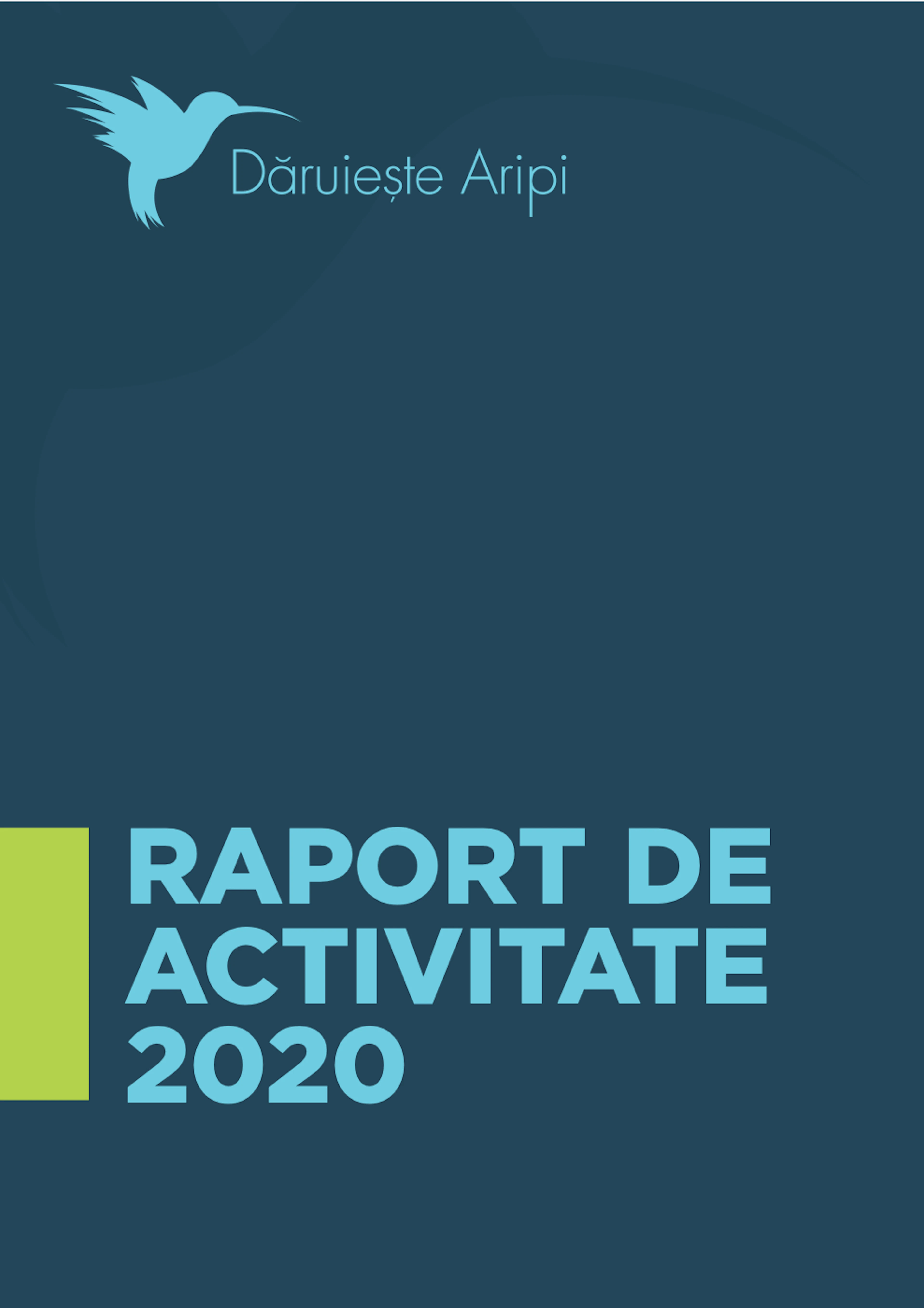 Coperta Raportului anual 2020 al Asociației Dăruiește Aripi: titlul pe fond albastru închis
