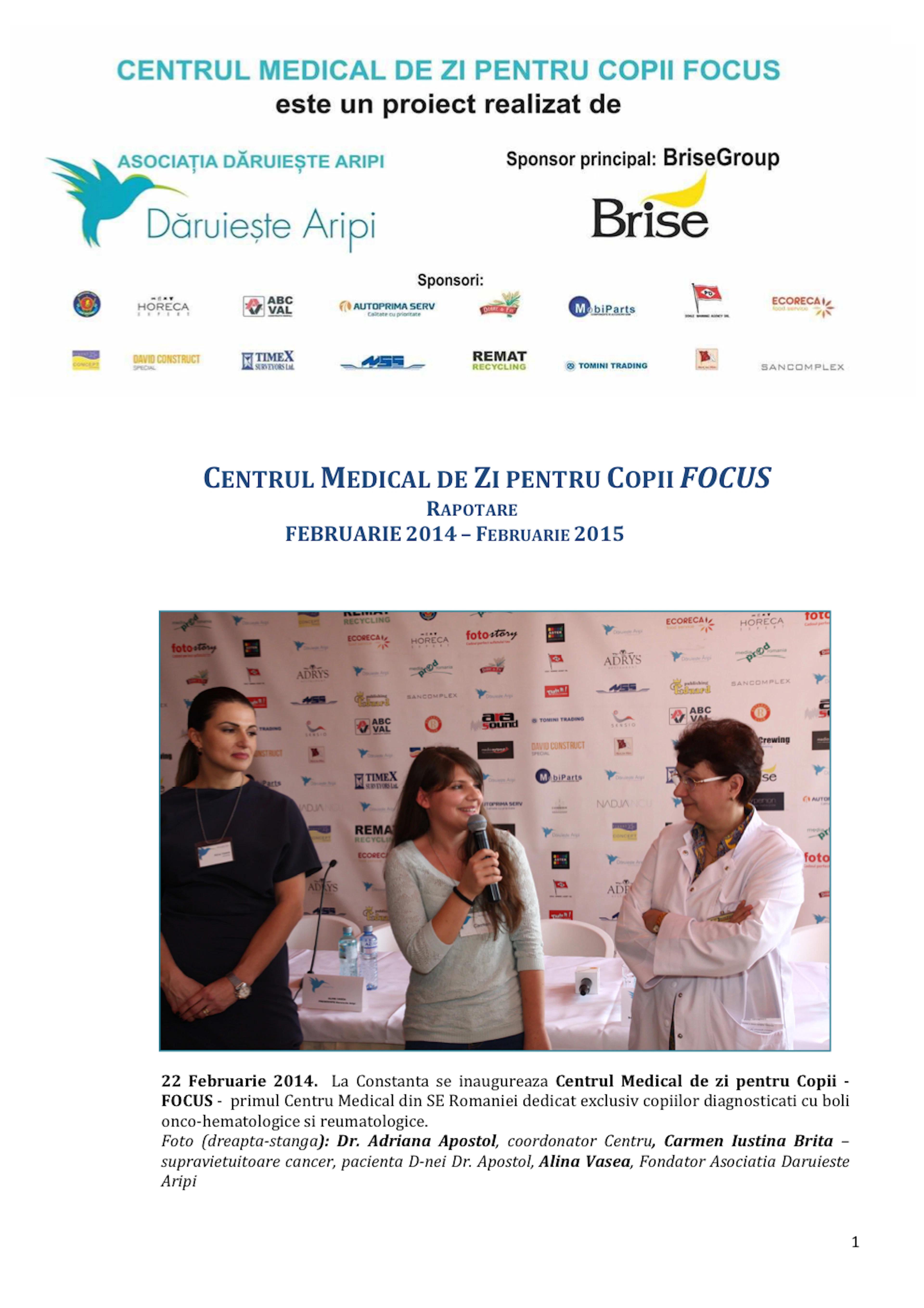Prima pagină a raportului de activitate Centrul Focus, feb. 2014 – feb. 2015 al Asociației Dăruiește Aripi